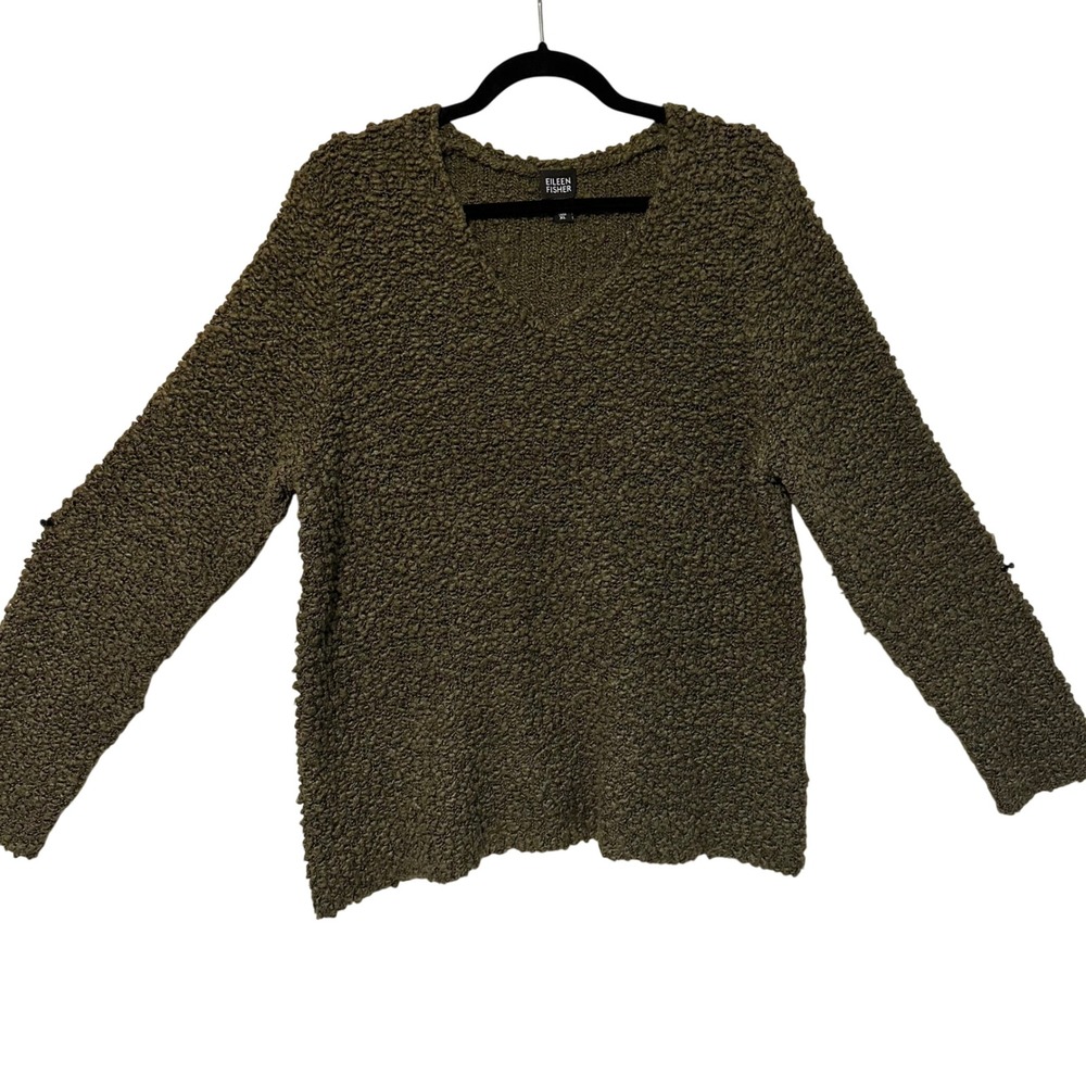 Eileen Fisher Olive Green Textured V-Neck Sweater